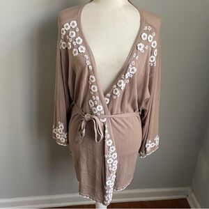 Coldwater Creek Embroidered Open Front Tan Cotton Cardigan Sweater
Size Large